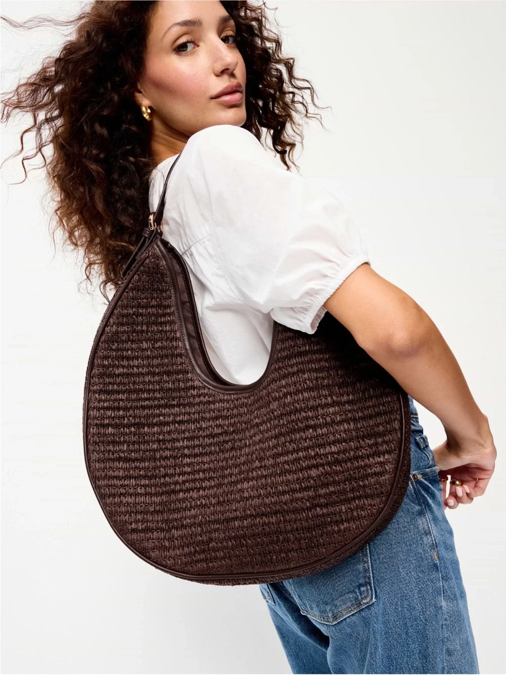 Old Navy Raffia Woven Hobo Bag Oversized Dark Brown Shoulder Purse